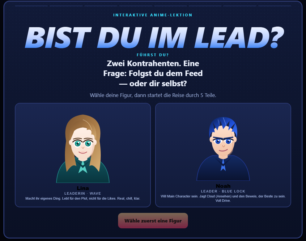 Startbildschirm der Lektion &laquo;Bist du im Lead?&raquo; mit den beiden Figuren Lina und Noah
